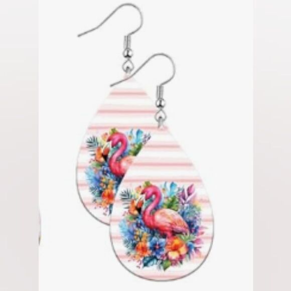 Flamingo teardrop earrings wooden new e17 - Picture 1 of 1